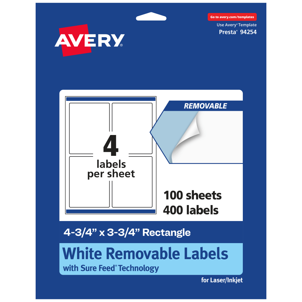 Avery Removable Labels With Sure Feed, 94254-RMP100, Rectangle, 4-3/4in x 3-3/4in, White, Pack Of 400 Labels