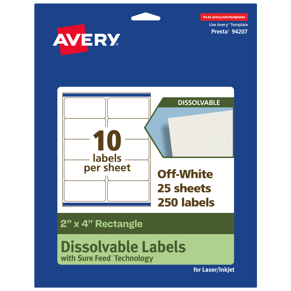 Avery Dissolvable Labels With Sure Feed Technology, 94207-DWMP25, Rectangle, 2inx4in, Matte Off-White, Pack Of 250