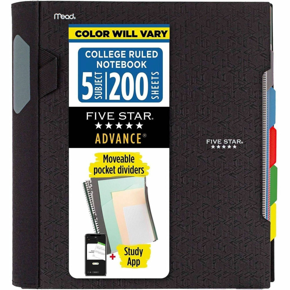Five Star Advance Wirebound Notebook, 8-1/2in x 11-3/4in, 5 Subject, College Ruled, 200 Pages (100 Sheets), Assorted Colors
