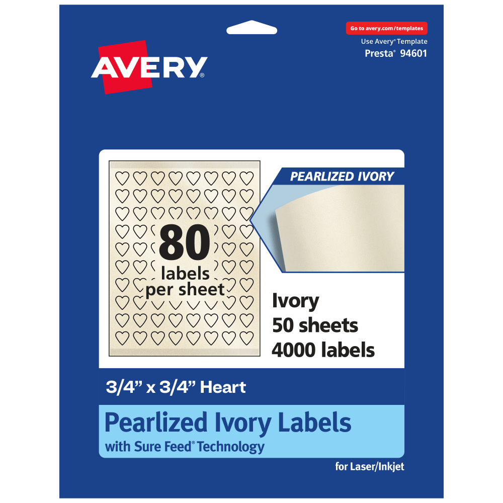Avery Pearlized Permanent Labels With Sure Feed, 94601-PIP50, Heart, 3/4in x 3/4in, Ivory, Pack Of 4,000 Labels