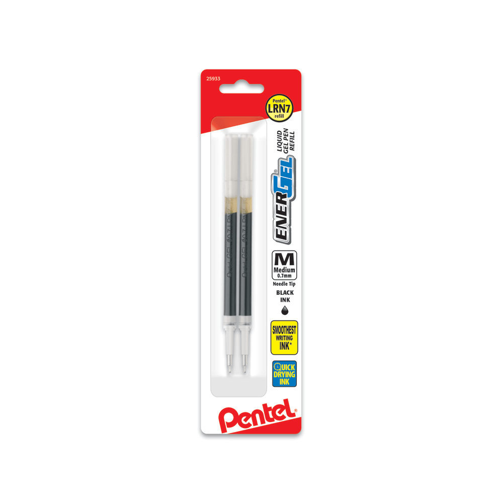 Pentel EnerGel Liquid Gel Pen Refills, Needle Point, 0.7 mm, Black Ink, Pack Of 2