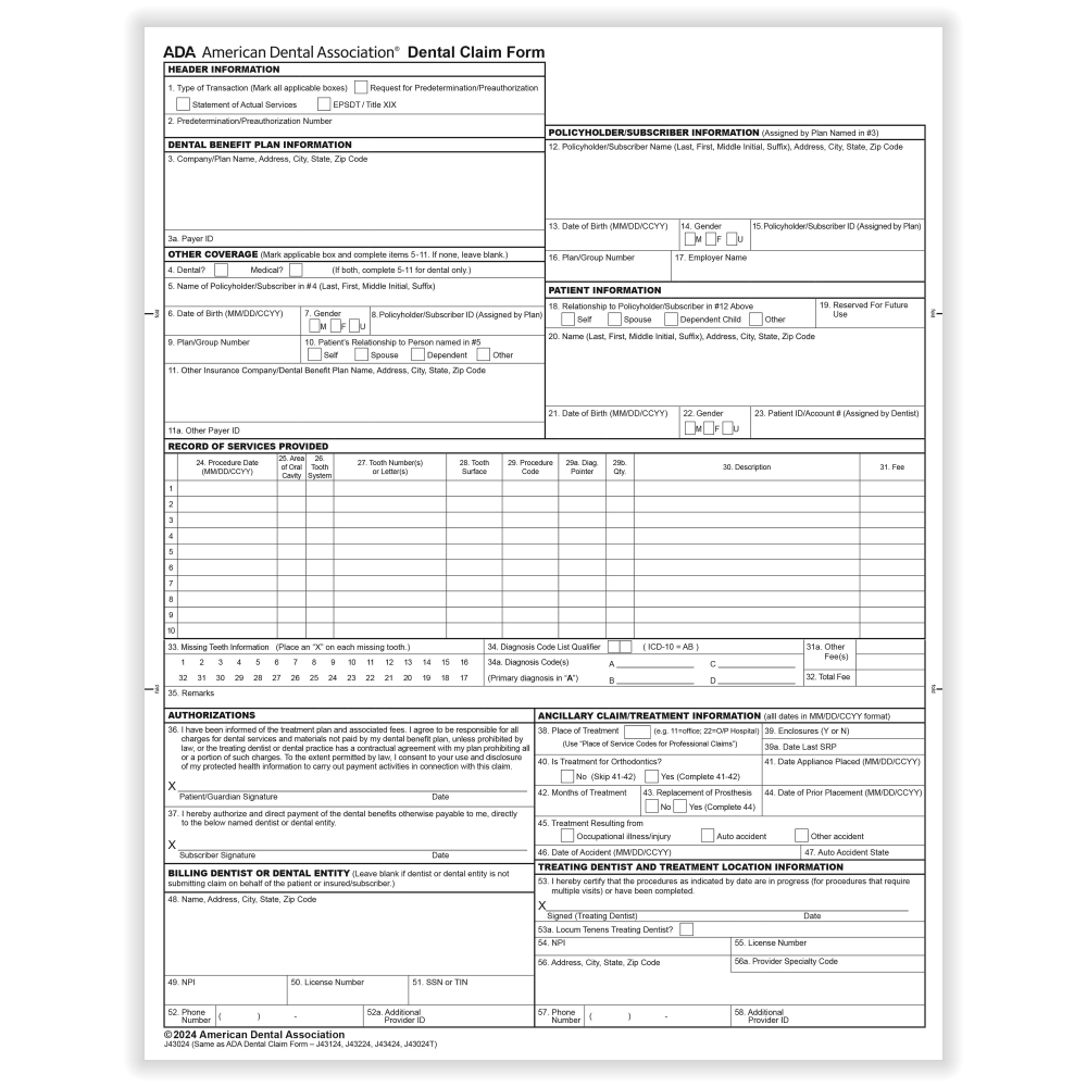ComplyRight ADA Dental Claim Forms (2024 Version), Laser, 8-1/2in x 11in, Box Of 1,000 Forms