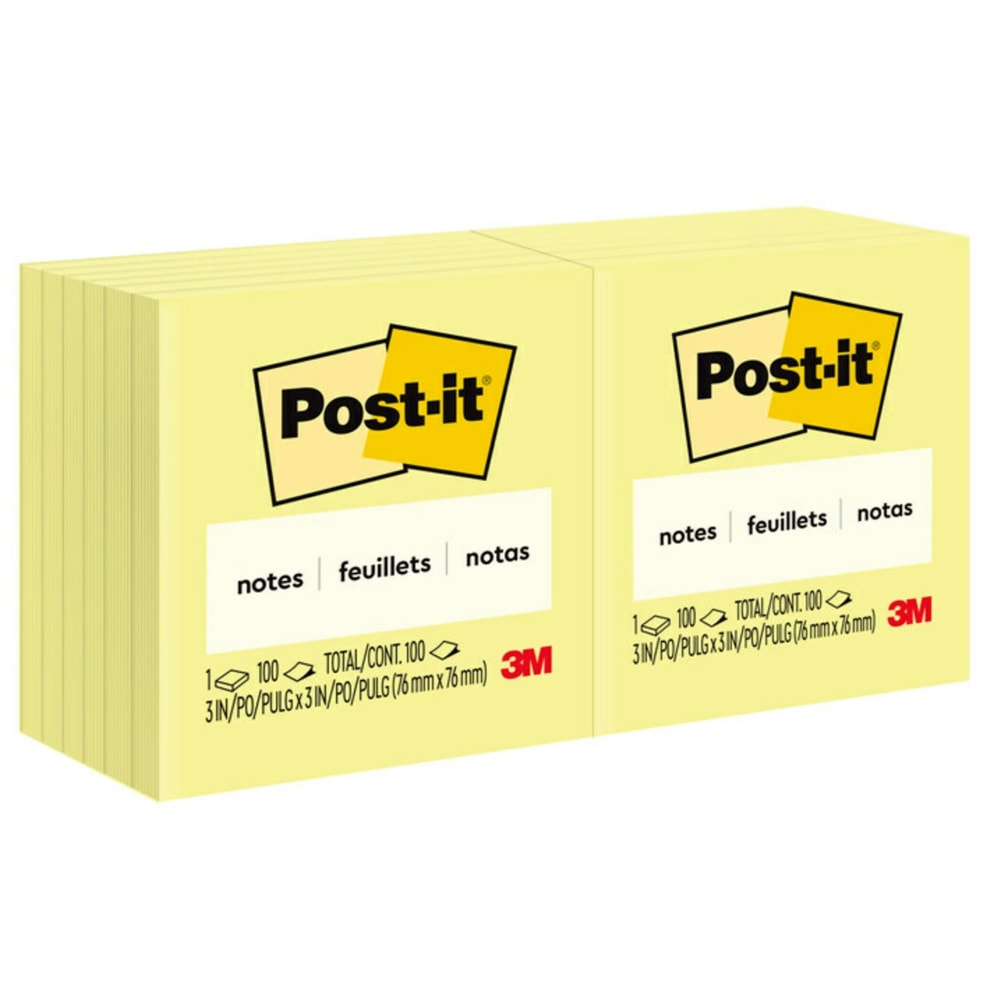Post-it Notes, 3 x 3 in, 12 Sticky Note Pads, 100 Sheets/Pad, Clean Removal, Back to School Supplies and Office Supplies, Canary Yellow
