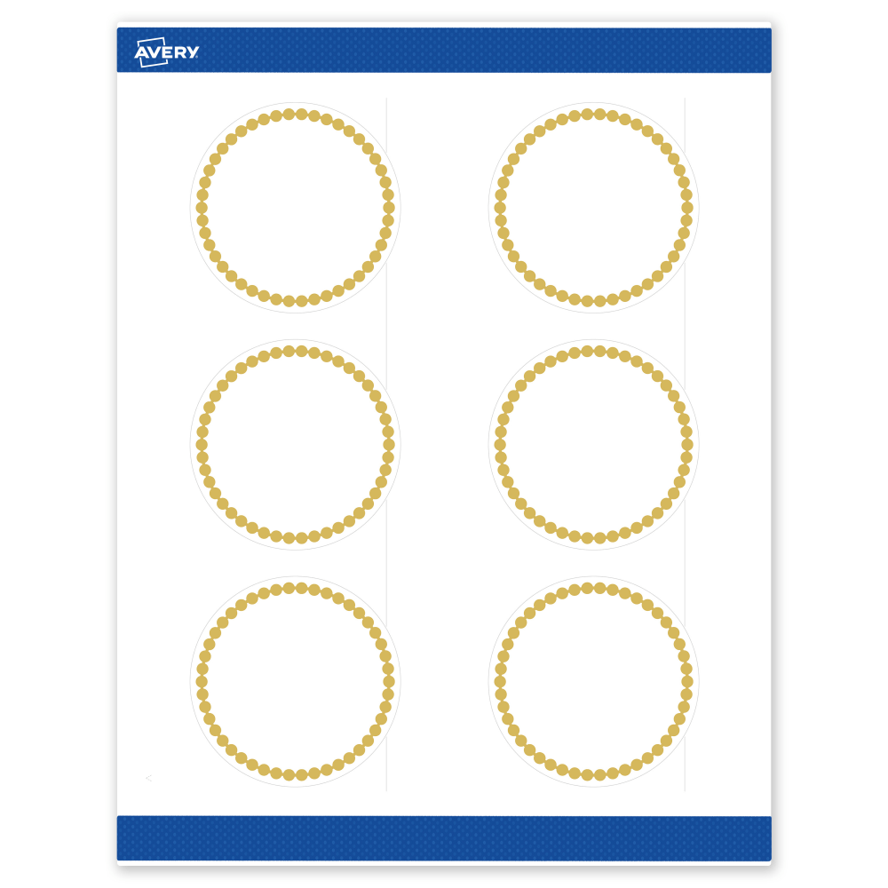 Avery Print-To-The-Edge Labels With Sure Feed Technology, S00-DJ9-PRWMP10, Round, 3in, Matte White, Preprinted Gold Beads Design, Pack Of 60