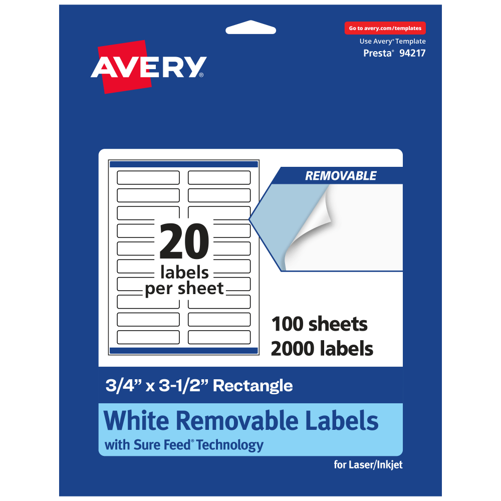 Avery Removable Labels With Sure Feed, 94217-RMP100, Rectangle, 3/4in x 3-1/2in, White, Pack Of 2,000 Labels