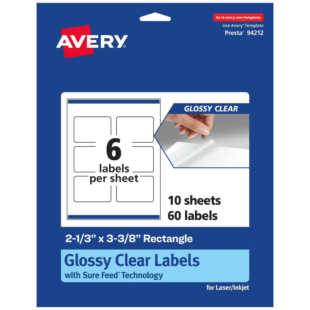 Avery Glossy Permanent Labels With Sure Feed, 94212-CGF10, Rectangle, 2-1/3in x 3-3/8in, Clear, Pack Of 60