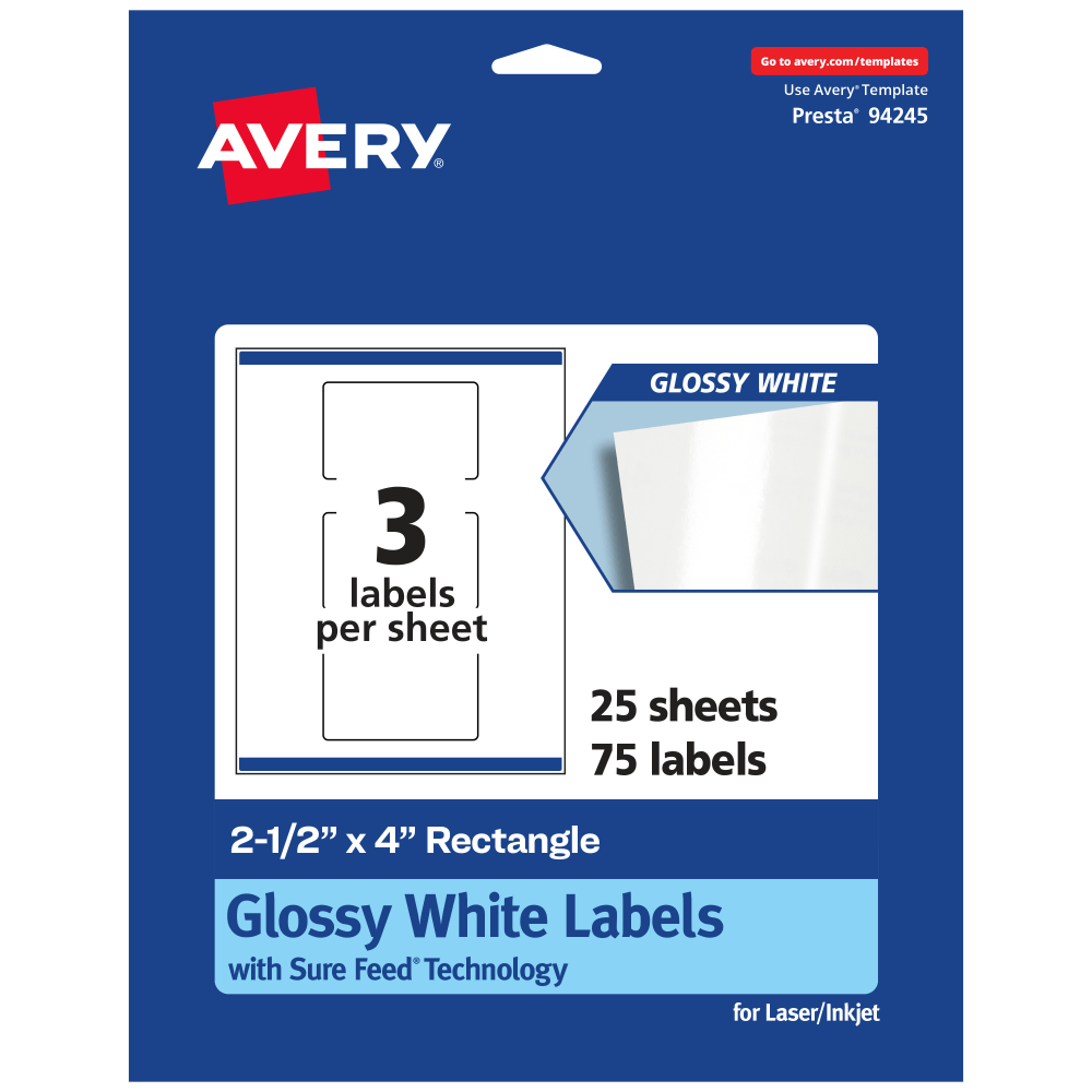 Avery Glossy Permanent Labels With Sure Feed, 94245-WGP25, Rectangle, 2-1/2in x 4in, White, Pack Of 75