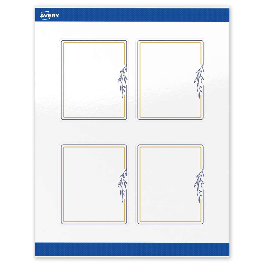 Avery Print-To-The-Edge Labels & Sure Feed, S00-DNF-PRWGP10, 4in x 3-1/3in, Glossy White, Preprinted Gold & Navy Border & Floral Design, Pack Of 40