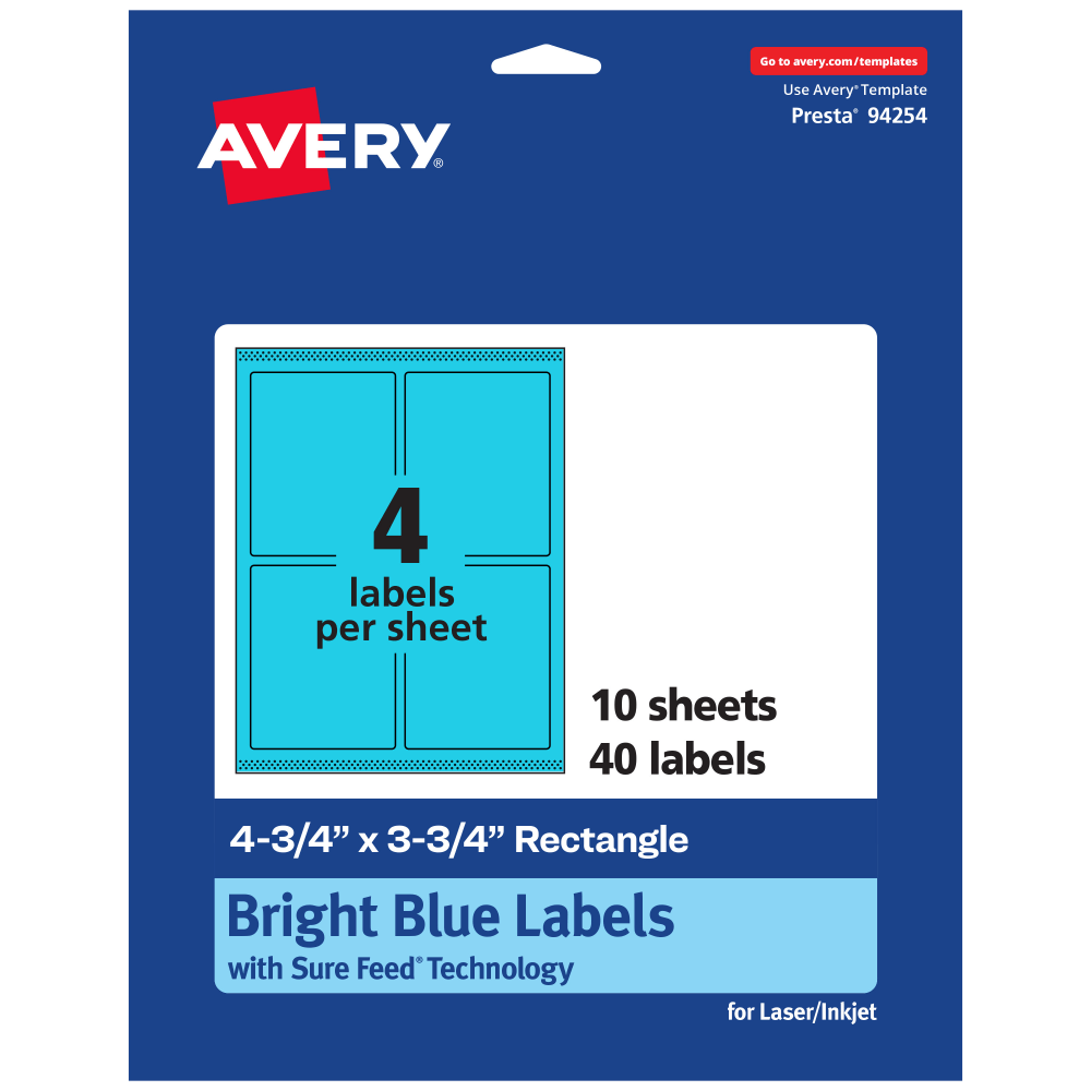 Avery Print-To-The-Edge Labels With Sure Feed Technology And Easy Peel, 94254-BBP10, Rectangle, 4-3/4in x 3-3/4in, Matte Bright Blue, Pack of 40