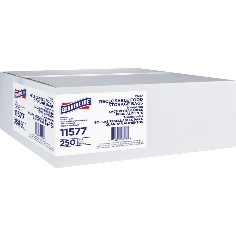 Genuine Joe Food Storage Bags, 1 gal Capacity, 10.56inx 11in, 1.75 mil (44 Micron) Thickness, Zipper Closure, 250 Count - 11577