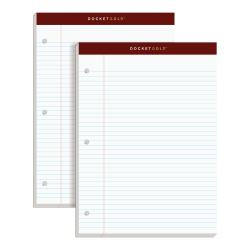 TOPS Double Docket Gold Writing Pads, 8 1/2in x 11in, Narrow Ruled, 200 Pages (100 Sheets), 3-Hole Punched, White, Pack Of 2