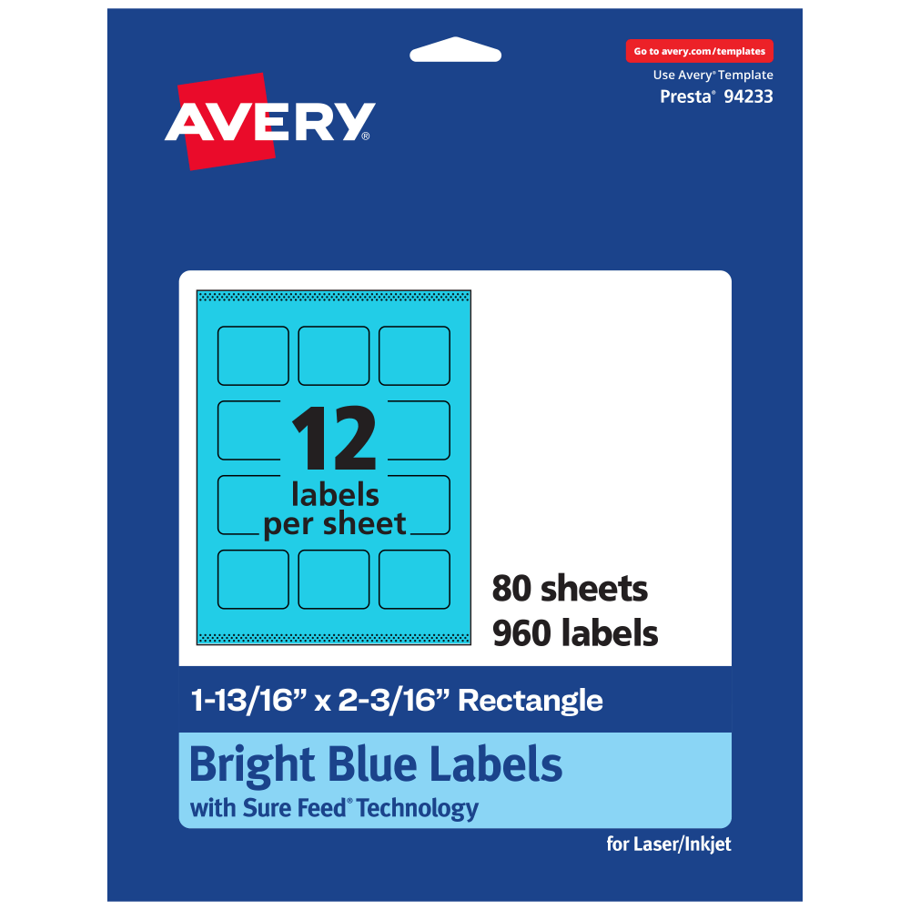 Avery Print-To-The-Edge Labels With Sure Feed Technology And Easy Peel, 94233-BBP80, Rectangle, 1-13/16in x 2-3/16in, Matte Bright Blue, Pack of 960