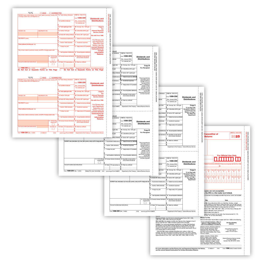 ComplyRight 1099-DIV Tax Forms Set, 4-Part, Copy A, B, C and/or State, 8-1/2in x 11in, Pack Of 10 Forms, 61071025