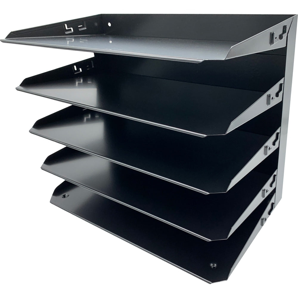 Huron Horizontal Slots Desk Organizer - 5 Compartment(s) - Horizontal - 15in x 15inx 8.75in Depth - Durable, Label Holder - Black - Steel - 1 Each