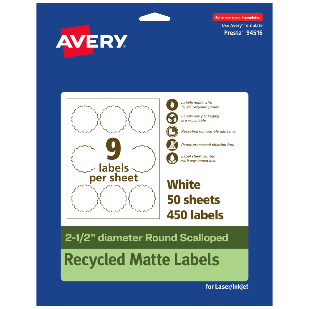 Avery Recycled Paper Labels, 94516-EWMP50, Round Scalloped, 2-1/2in, White, Pack Of 450