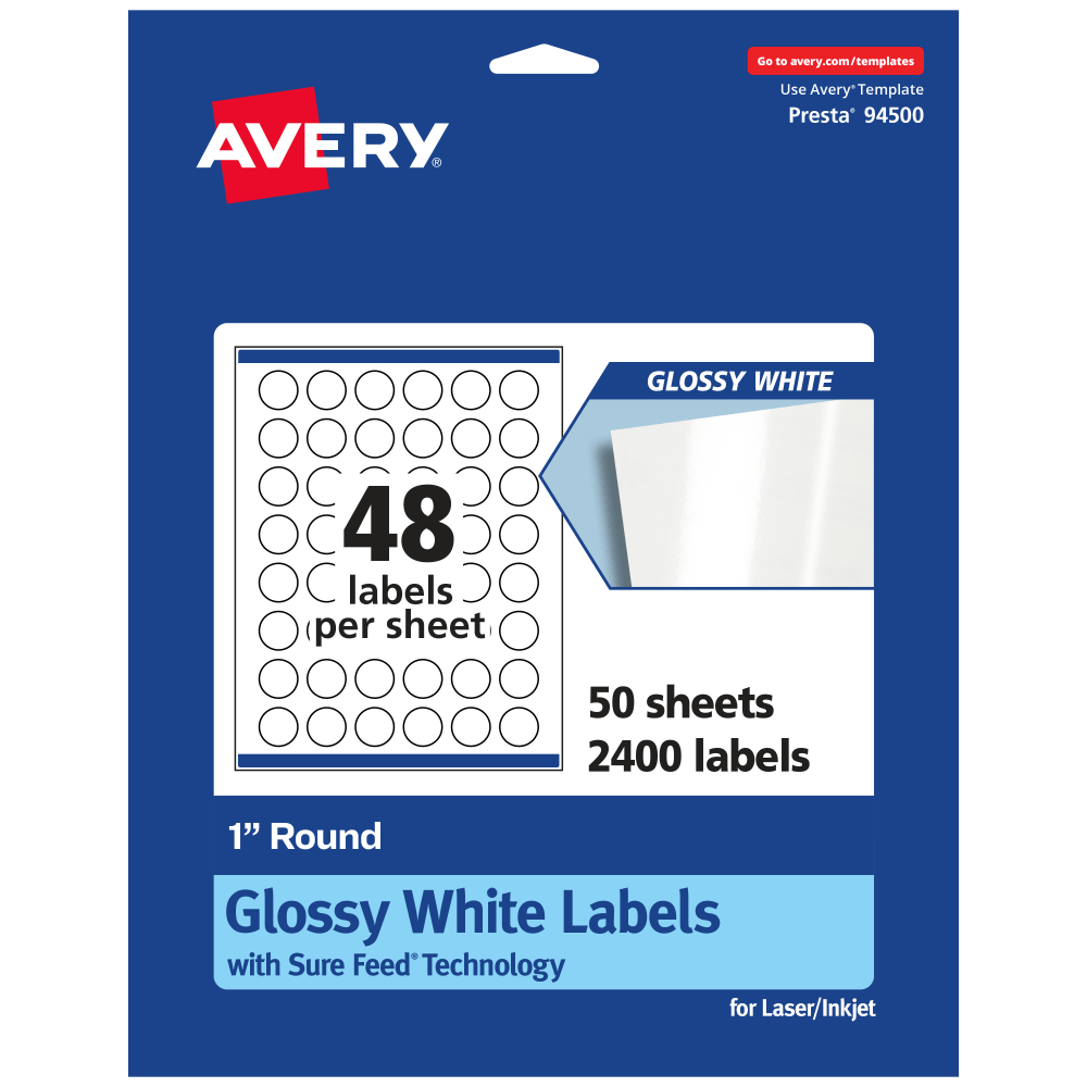 Avery Glossy Permanent Labels With Sure Feed, 94500-WGP50, Round, 1in Diameter, White, Pack Of 2,400