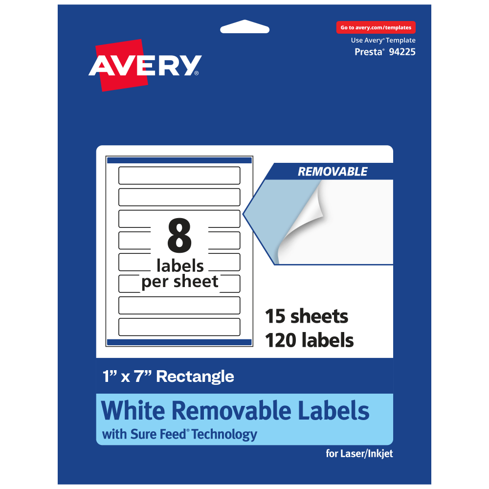 Avery Removable Labels With Sure Feed, 94225-RMP15, Rectangle, 1in x 7in, White, Pack Of 120 Labels