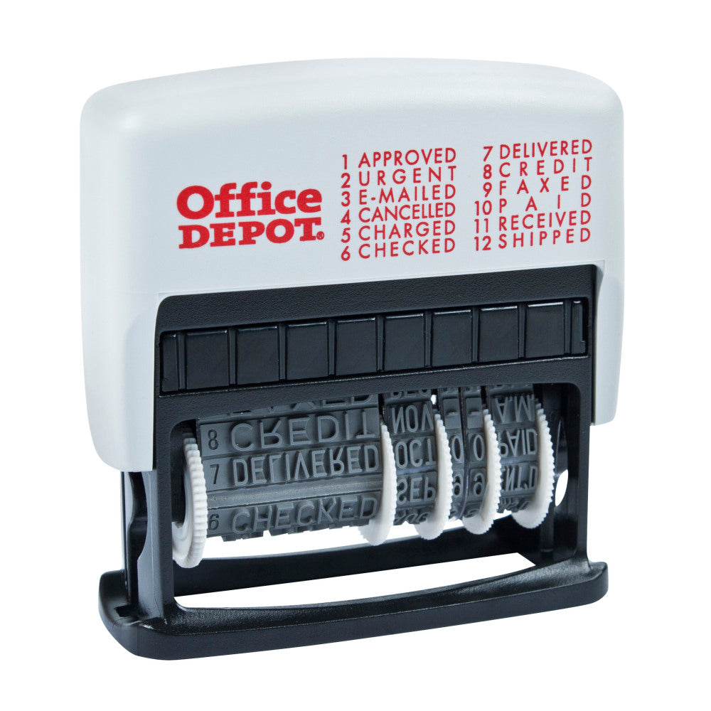 Office Depot Brand Self-Inking 12-in-1 Micro Message Stamp Dater, 1-1/16in x 5/32 Impression, Black Ink