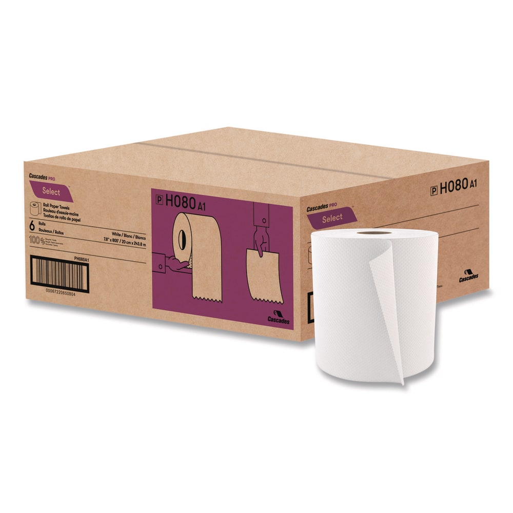 Cascades PRO Select Roll Paper Towels, 1-Ply, 7.9in x 800 ft, White, 6 Rolls/Carton