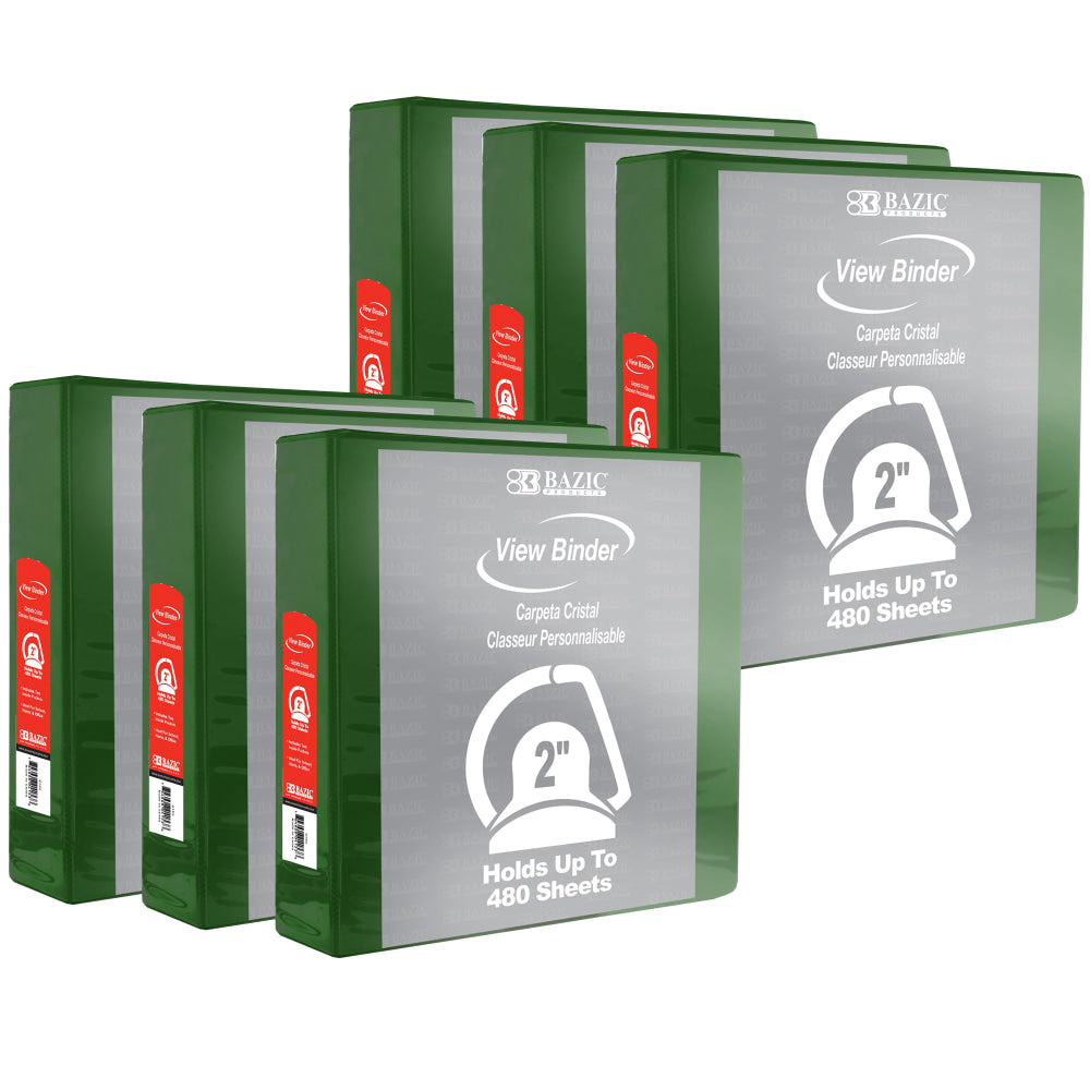 BAZIC Products 3-Ring View Binder With 2 Pockets, 2in Slant D, Green, Pack Of 6