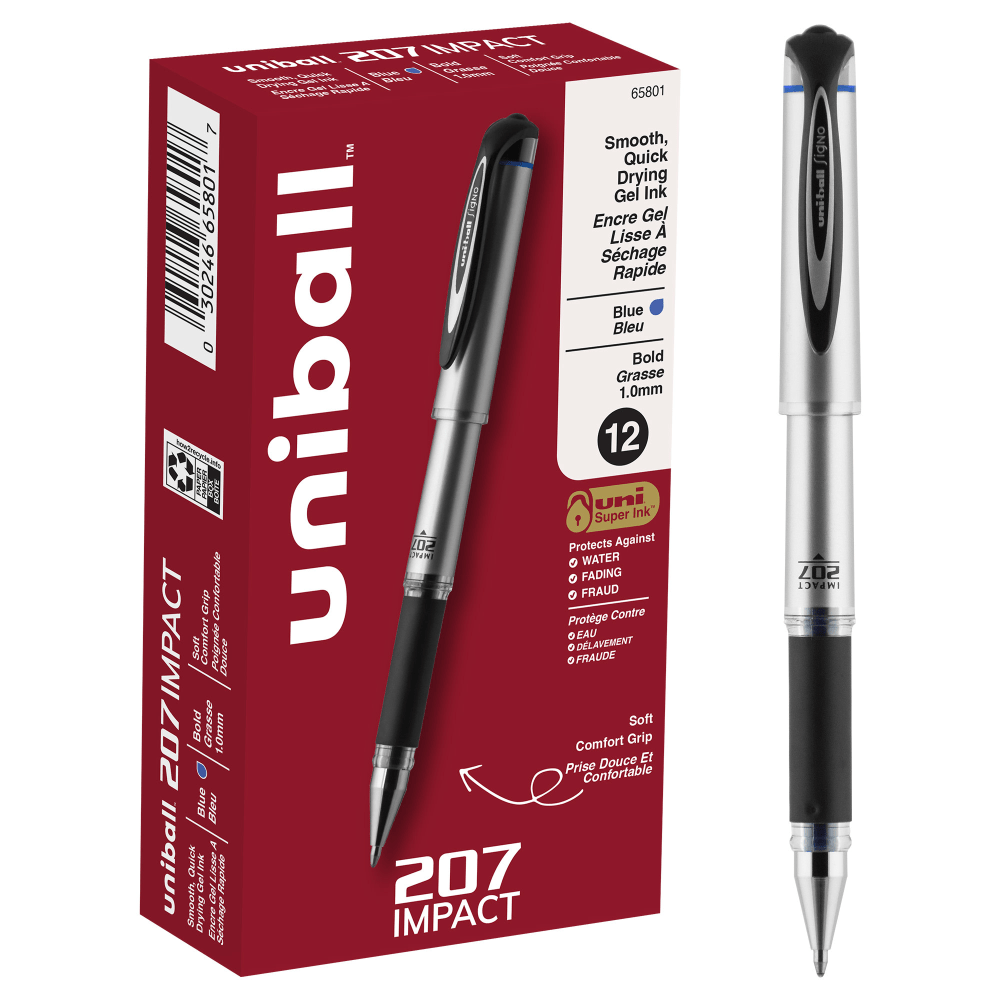 uni-ball 207 Impact Gel Pens, Bold Point, 1.0 mm, Blue; Gray Barrel, Blue Ink, Pack Of 12