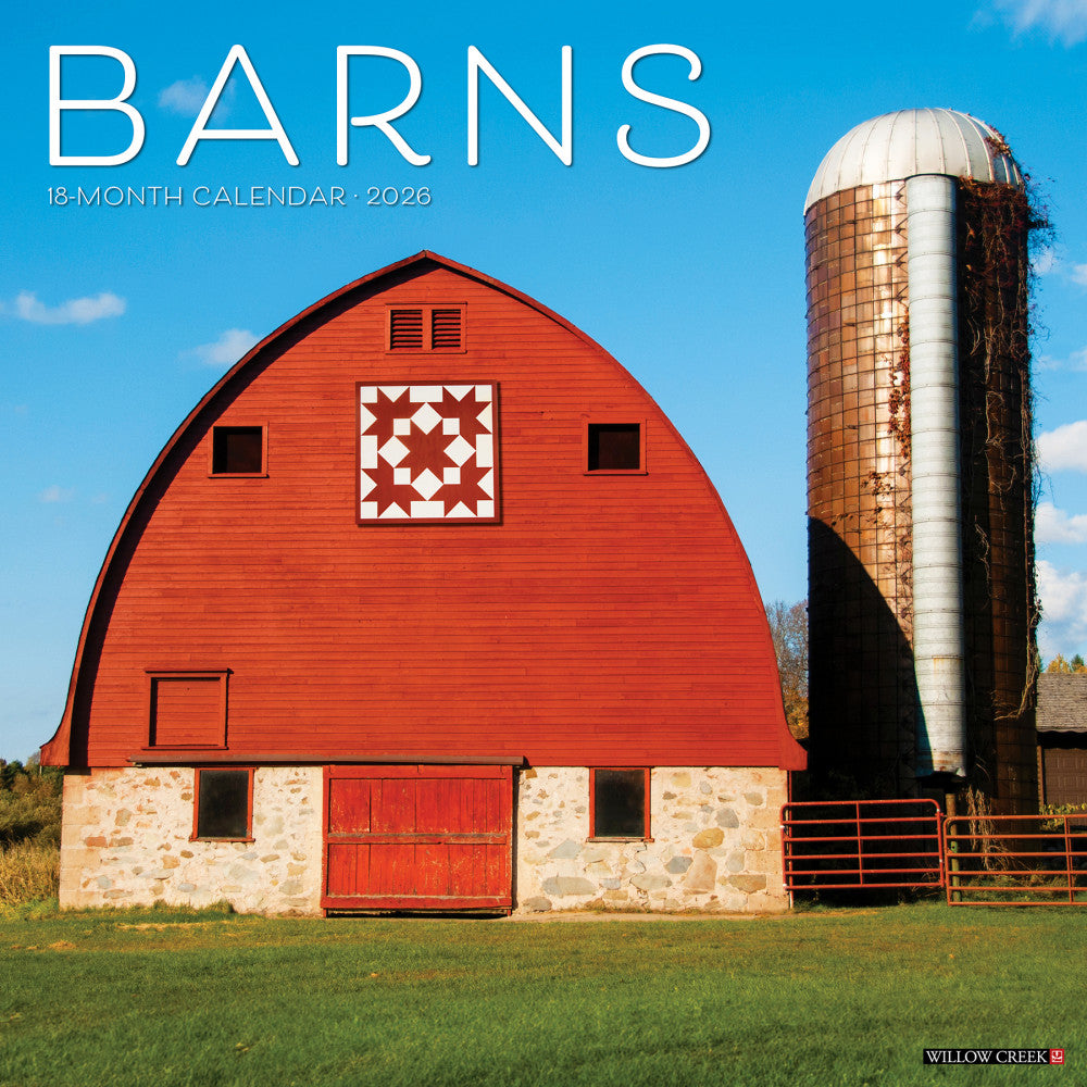 2026 Willow Creek Press Art & Design Monthly Wall Calendar, 12in x 12in, Barns, January To December, 50057