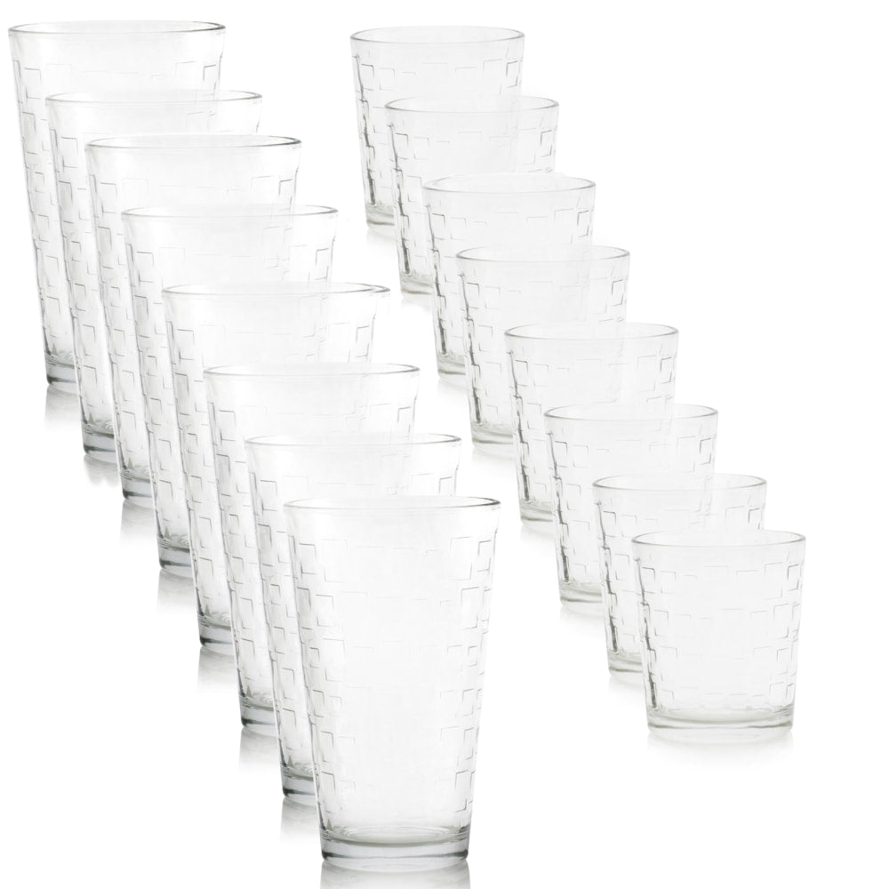 Gibson Home Great Foundations 16-Piece Tumbler And Double Old Fashioned Glass Set, 16 Oz/13 Oz, Square Pattern, Clear