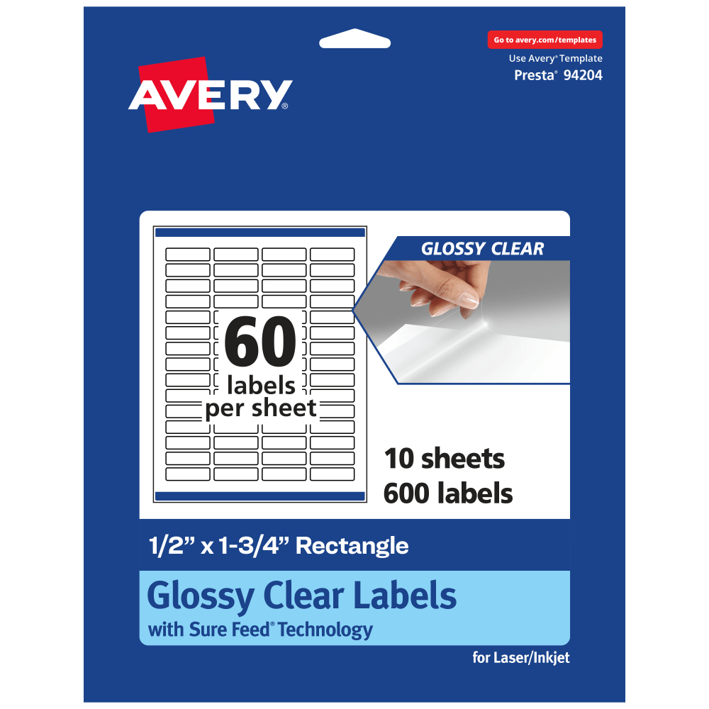 Avery Glossy Permanent Labels With Sure Feed, 94204-CGF10, Rectangle, 1/2in x 1-3/4in, Clear, Pack Of 600