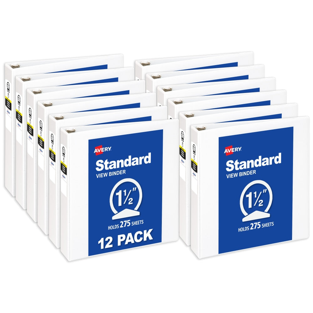 Avery Standard View 3 Ring Binder, 1.5in Round Rings, White, Pack Of 12