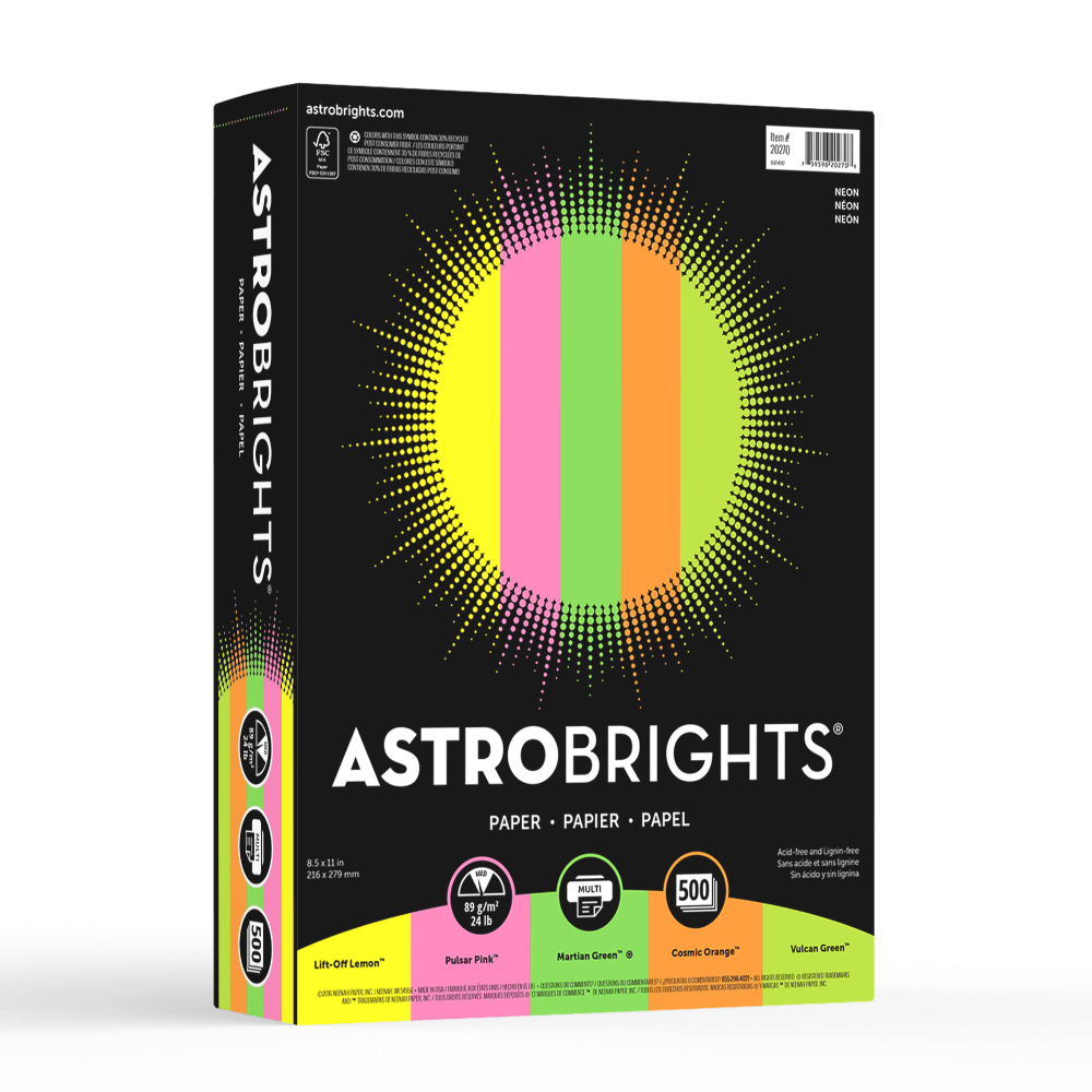 Astrobrights Color Multi-Use Printer & Copy Paper, 1 Ream, Neon Assortment, Letter (8.5in x 11in), 500 Sheets Per Ream, 24 Lb, 94 Brightness