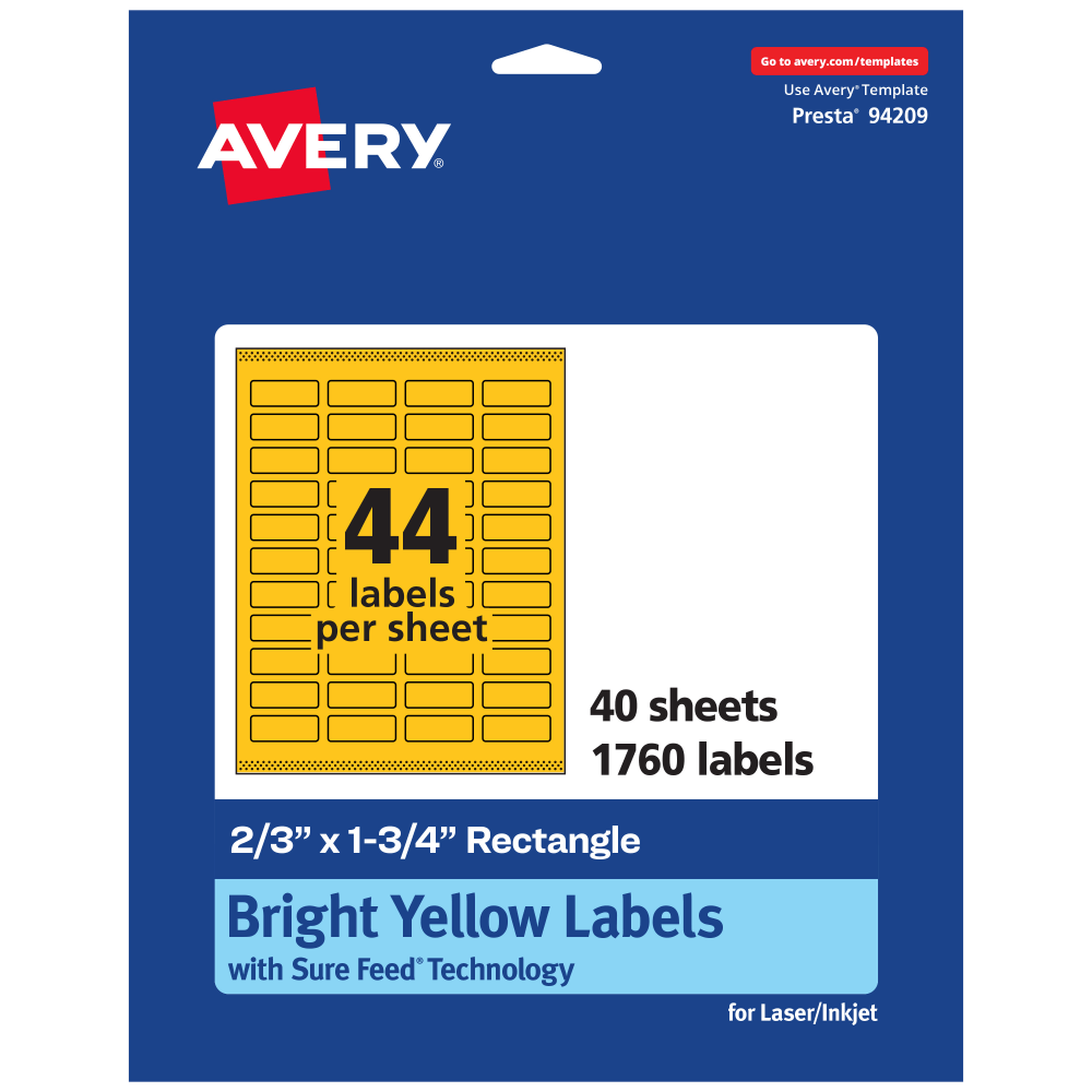 Avery Print-To-The-Edge Labels With Sure Feed Technology And Easy Peel, 94209-BYP40, Rectangle, 2/3in x 1-3/4in, Matte Bright Yellow, Pack of 1760