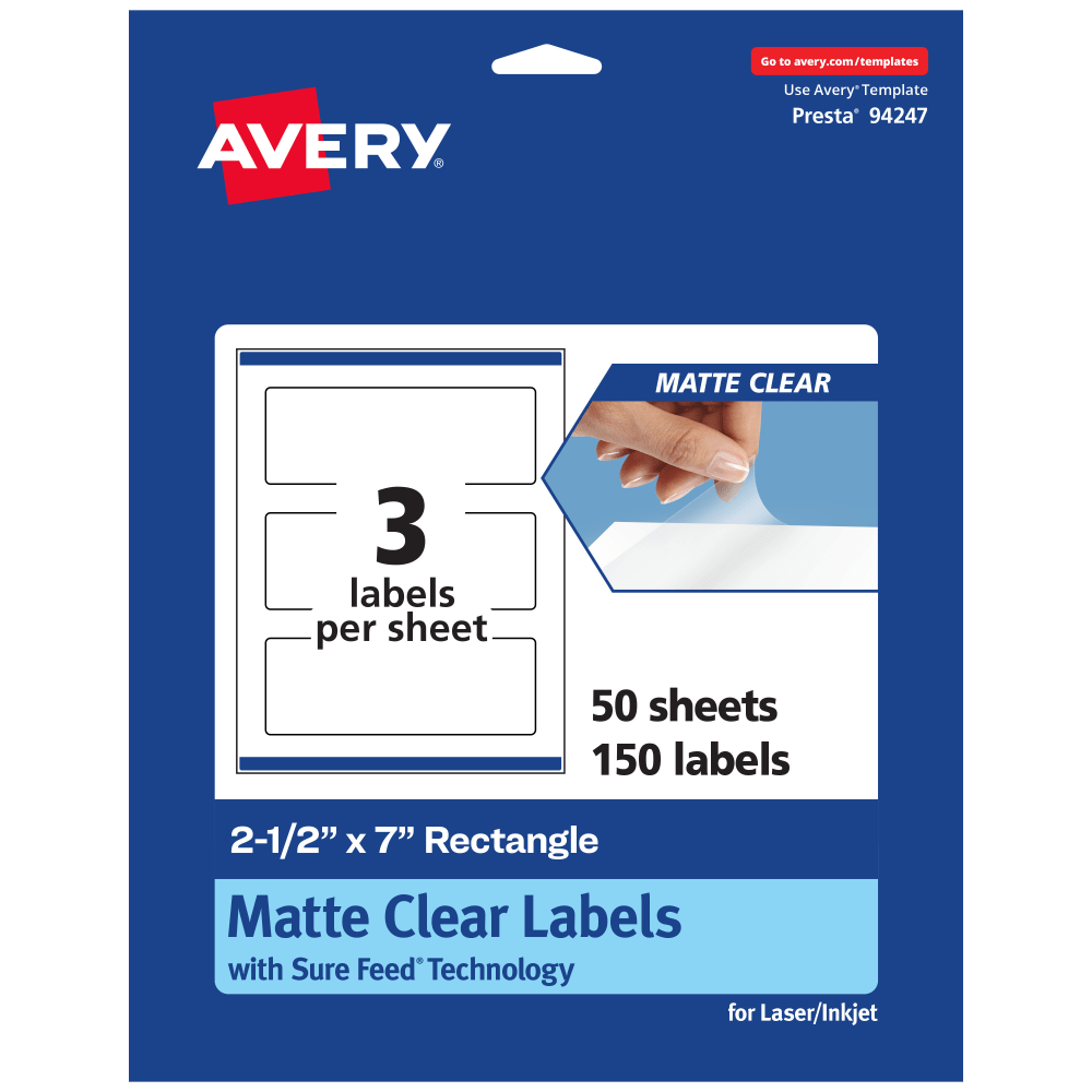 Avery Permanent Labels With Sure Feed, 94247-CMF50, Rectangle, 2-1/2in x 7in, Matte Clear, Pack Of 150