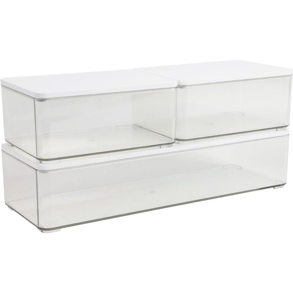 Martha Stewart Grady Stackable Plastic Storage Boxes With Lids, Clear/White, Set Of 3 Boxes