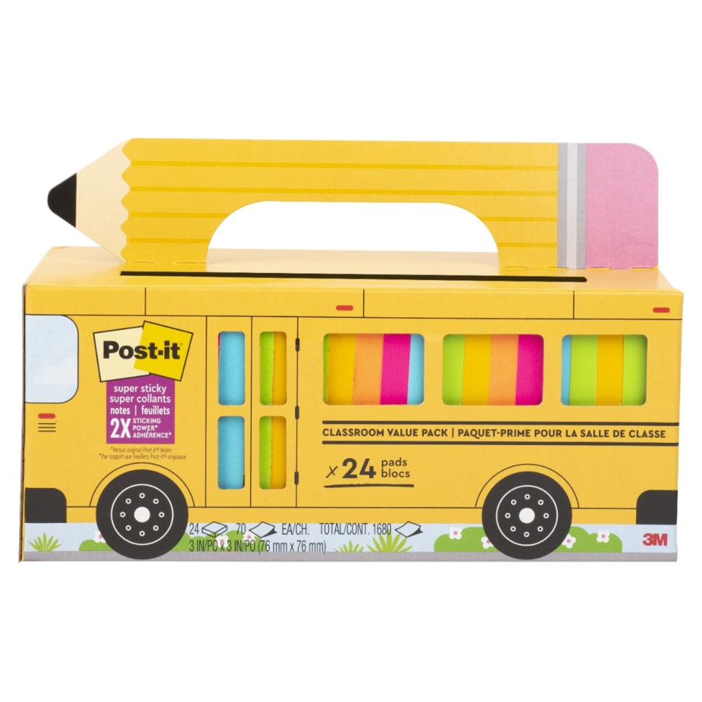 Post-it Super Sticky Notes, 3 x 3 in, 24 Sticky Note Pads, 70 Sheets/Pad, 2X the Sticking Power, School and Office Supplies, Bus Cabinet Pack