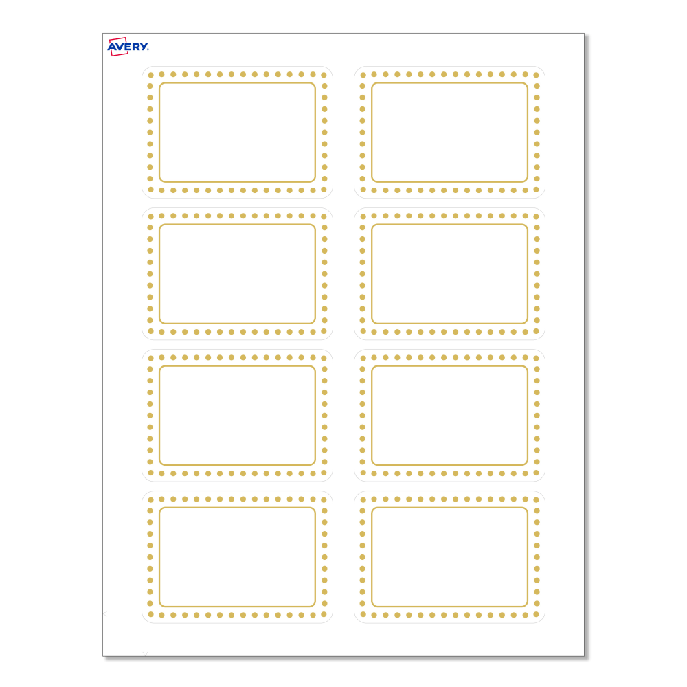 Avery Printable Adhesive Name Badges/Preprinted Designs, Rectangle, S00-EY0, 2-1/3in x 3-3/8in, Matte White/Gold Border/Gold Dots, Pack Of 80