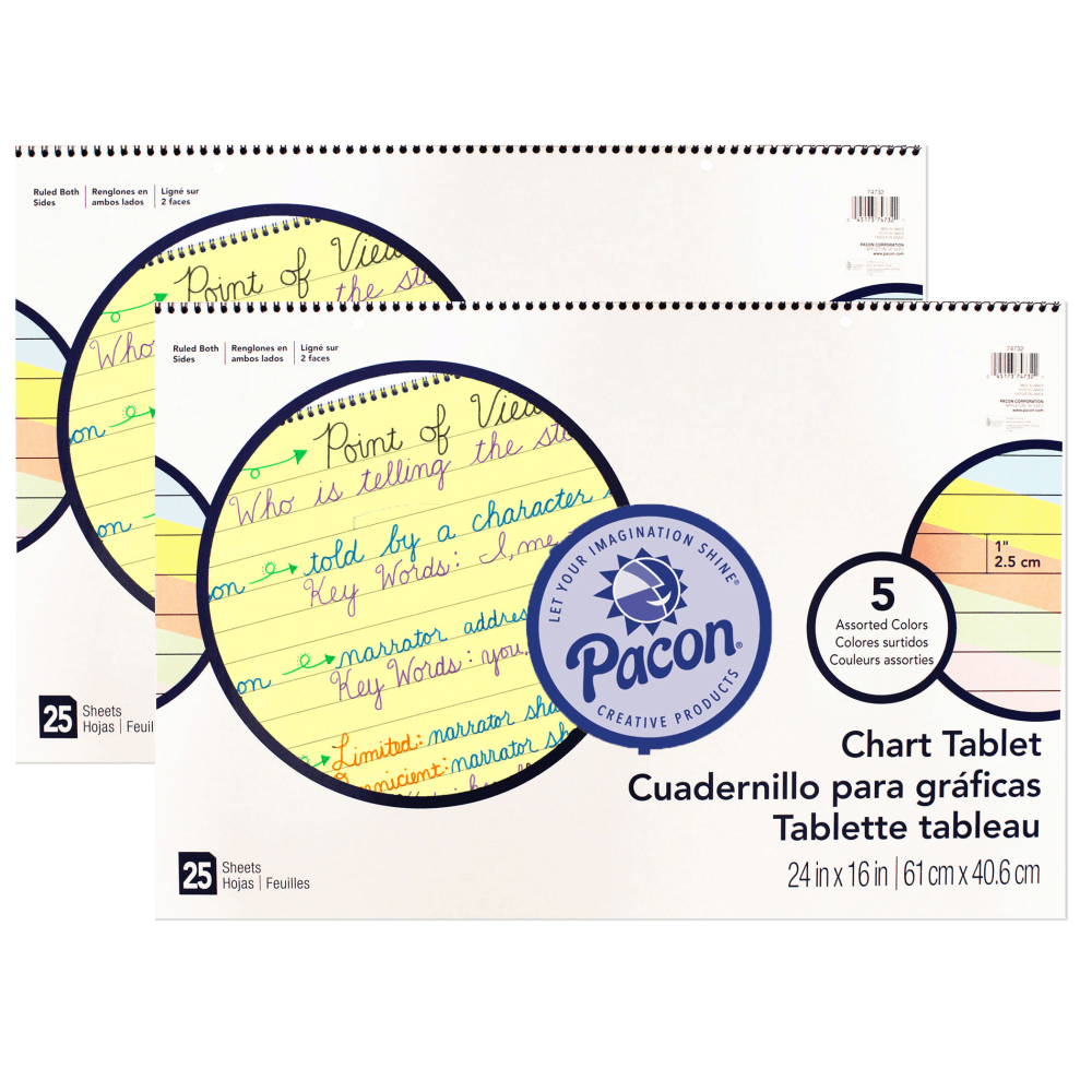 Pacon Colored Paper Chart Tablets, Cursive Cover, 24in x 16in, 1in Rule, 25 Sheets, Assorted Colors, Pack Of 2 Tablets