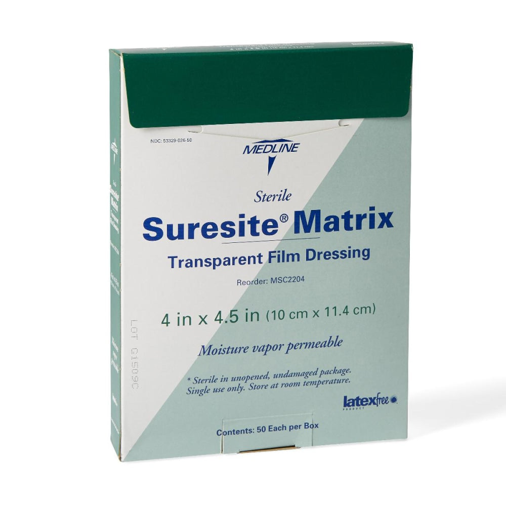 Medline Suresite Matrix Transparent Film Dressings, 4in x 4 1/2in, Clear, Pack Of 50