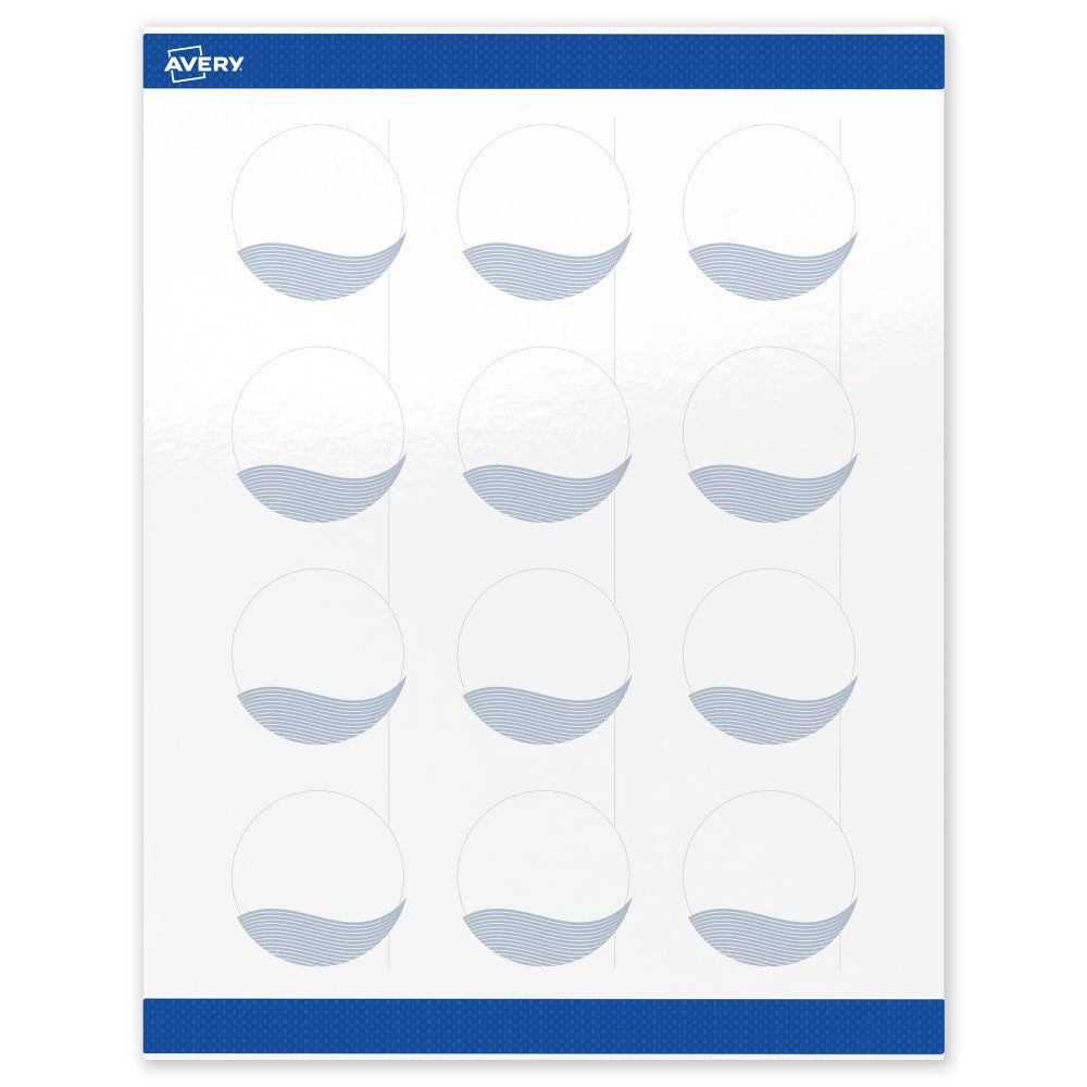 Avery Printable Labels With Sure Feed Technology, S00-EV0, Round, 2in, Glossy White With Preprinted Blue Waves Design, Pack Of 120