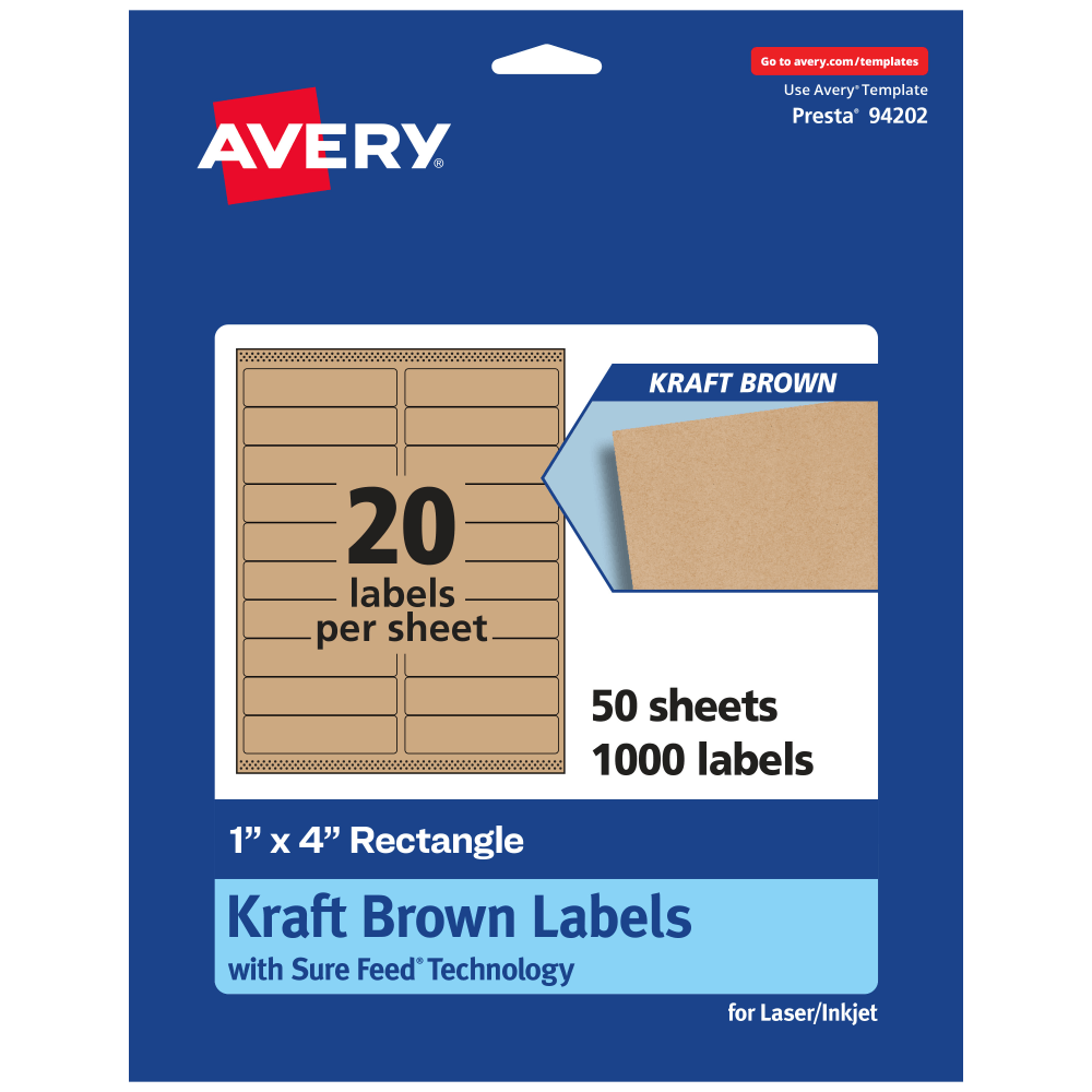 Avery Kraft Permanent Labels With Sure Feed, 94202-KMP50, Rectangle, 1in x 4in, Brown, Pack Of 1,000