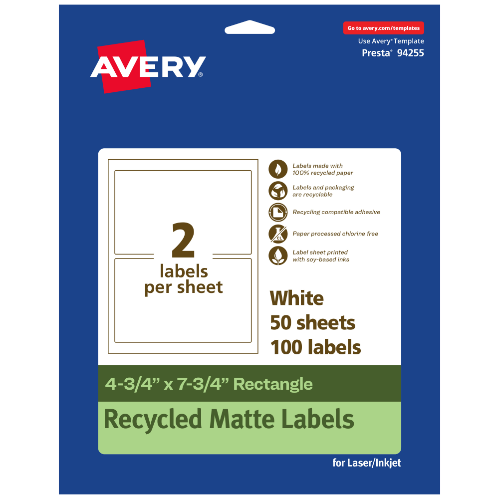 Avery Recycled Paper Labels, 94255-EWMP50, Rectangle, 4-3/4in x 7-3/4in, White, Pack Of 100