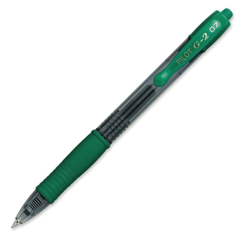 Pilot G2 Retractable Gel Pens, Fine Point, 0.7 mm, Clear Barrels, Green Ink, Pack Of 12 Pens