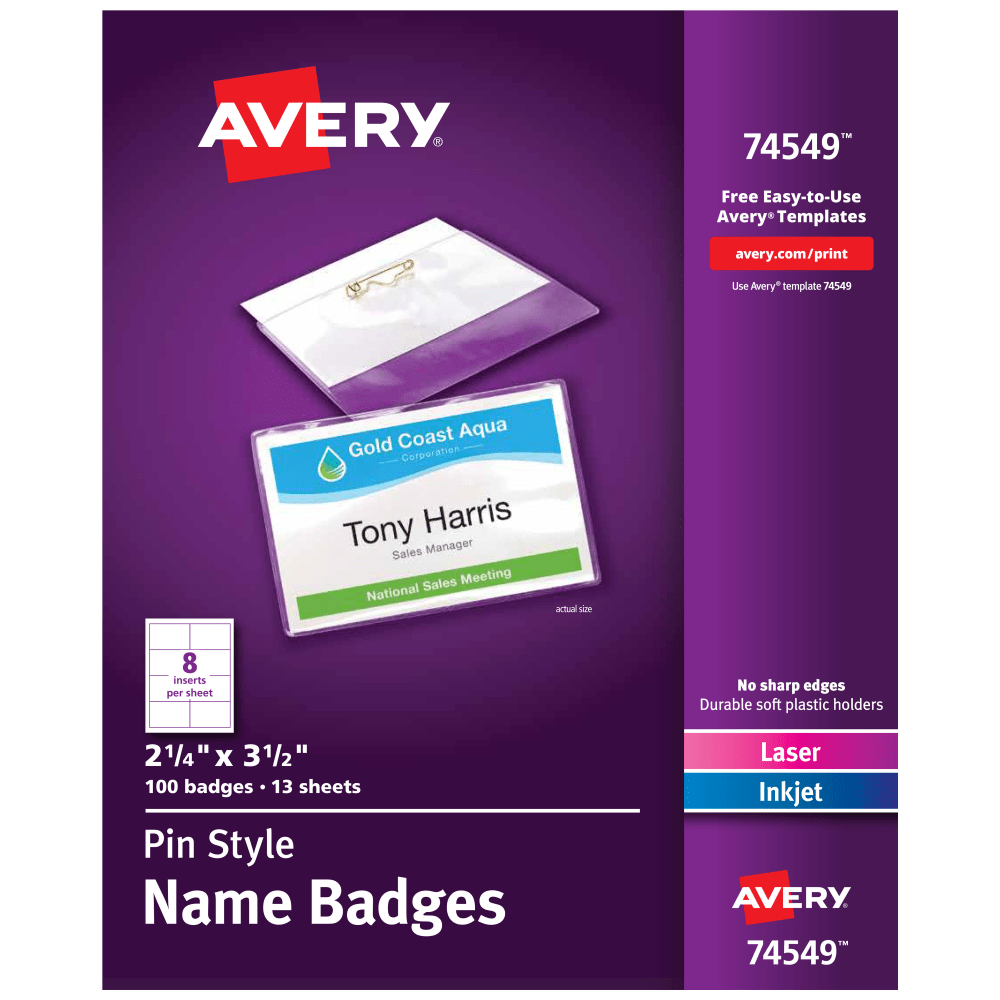 Avery Customizable Name Badges With Pins, 74549, 2-1/4in x 3-1/2in, Clear Name Tag Holders With White Printable Inserts, Pack of 100