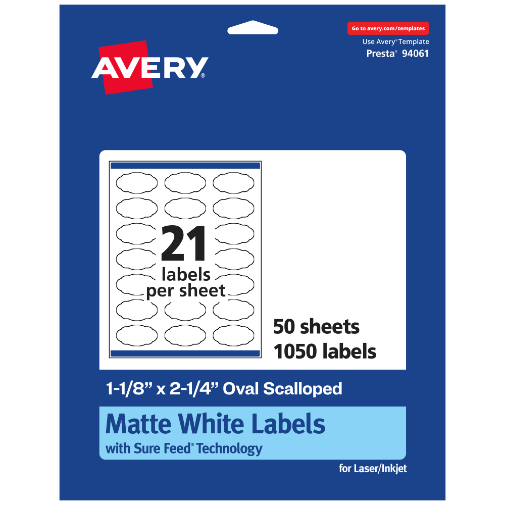 Avery Permanent Labels With Sure Feed, 94061-WMP50, Oval Scalloped, 1-1/8in x 2-1/4in, White, Pack Of 1,050
