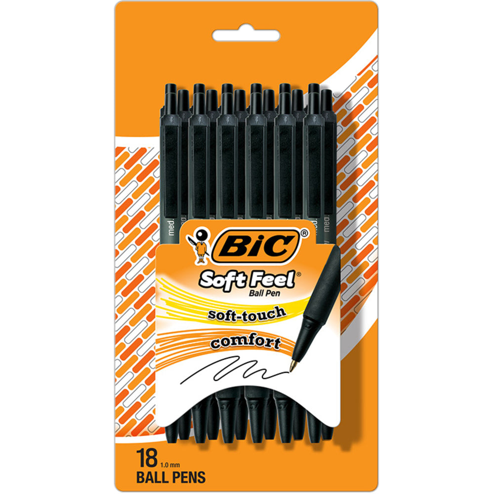 BIC Soft Feel Retractable Ball Point Pen, Medium Point, 1.0MM, Black, Pack Of 18