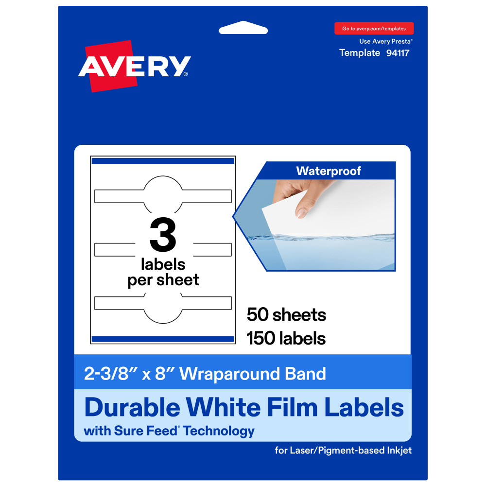 Avery Waterproof Permanent Labels With Sure Feed, 94117-WMF50, Cigar, 2-3/8in x 8in, White, Pack Of 150