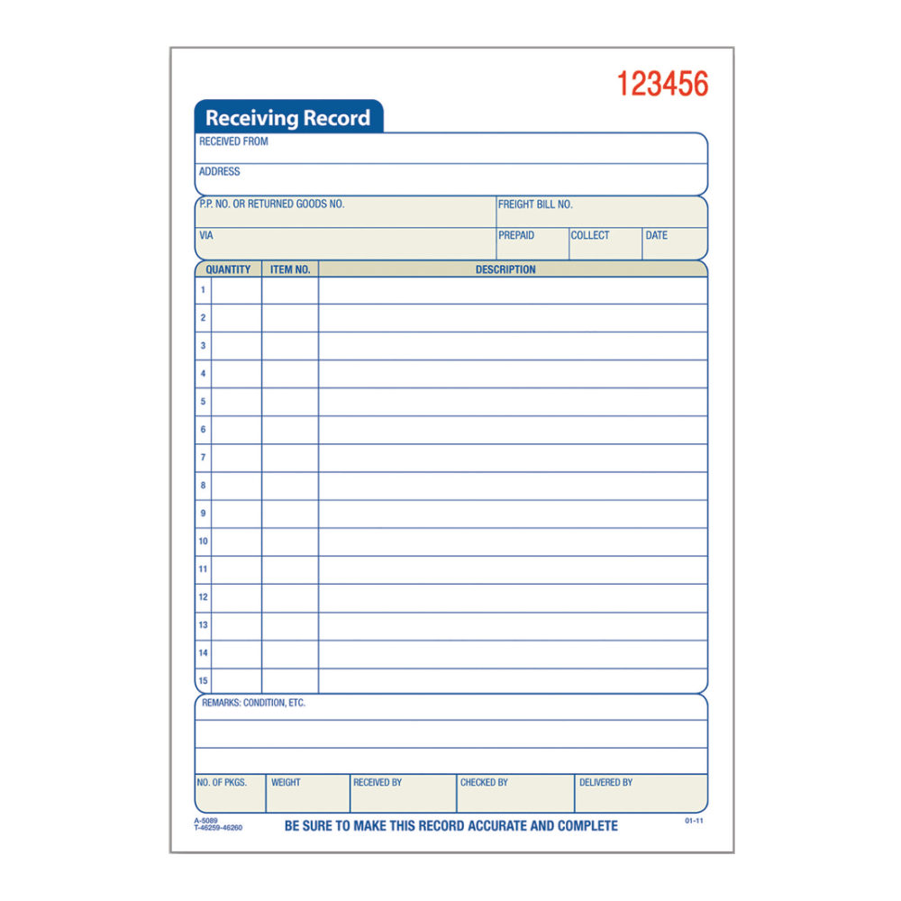 Tops Receiving Record Book, 5 1/2in x 7 7/8in, 3-Part, White/Canary/Pink, Set Of 50