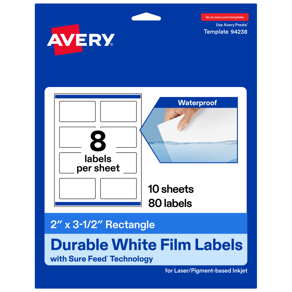 Avery Waterproof Permanent Labels With Sure Feed, 94238-WMF10, Rectangle, 2in x 3-1/2in, White, Pack Of 80