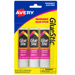Avery Permanent Glue Stic,, Washable, Nontoxic, 0.26 oz., 3 Glue Sticks