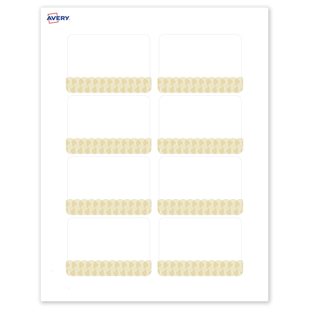 Avery Printable Adhesive Name Badges With Preprinted Designs, Rectangle, S00-EX6, 2-1/3in x 3-3/8in, Matte White With Gold Lace Trim Design, Pack Of 80