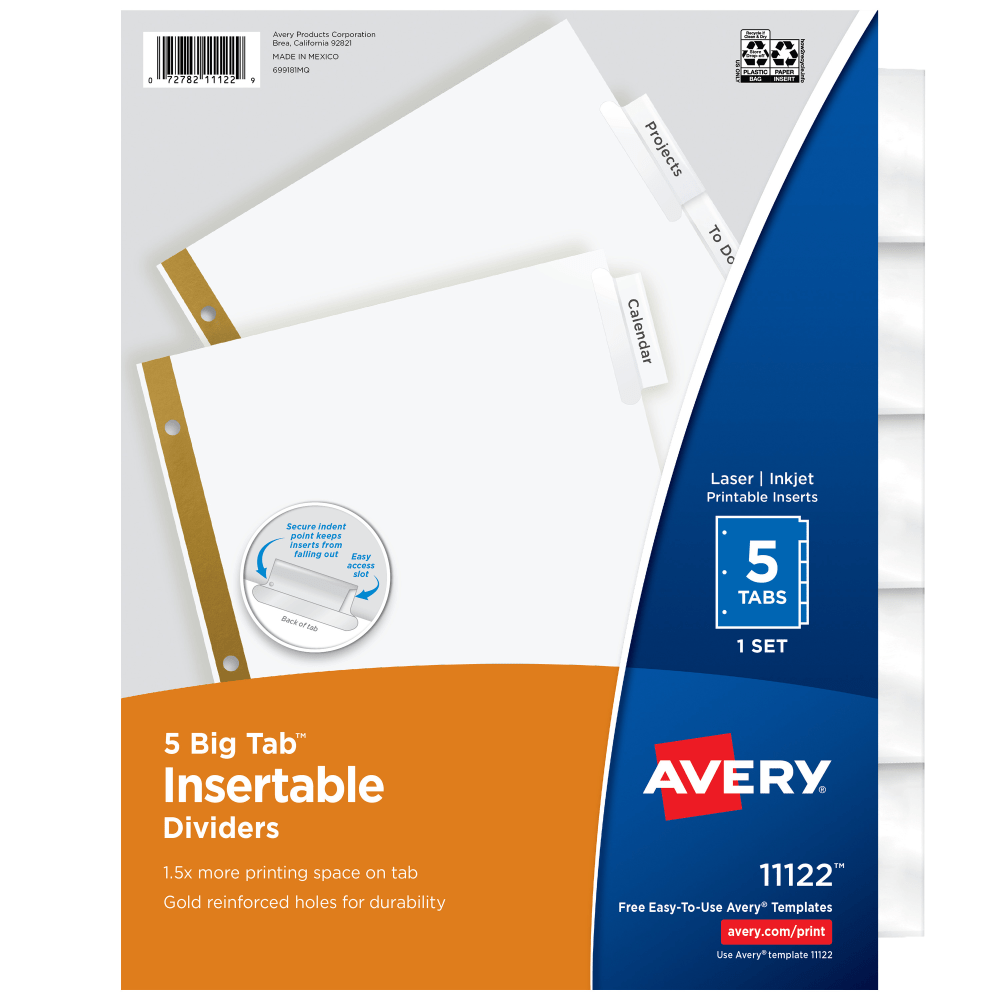 Avery Big Tab Insertable Dividers Gold Reinforced Edge, White/Clear, 5-Tab